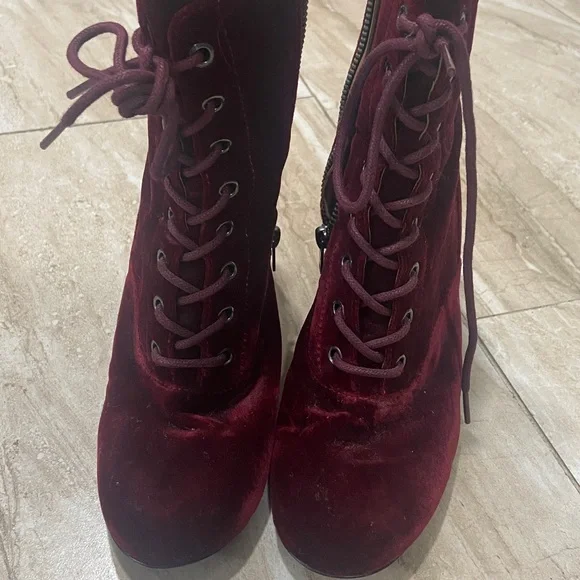 Coach Burgundy Lace Up Velvet Boots - Picture 2 of 4